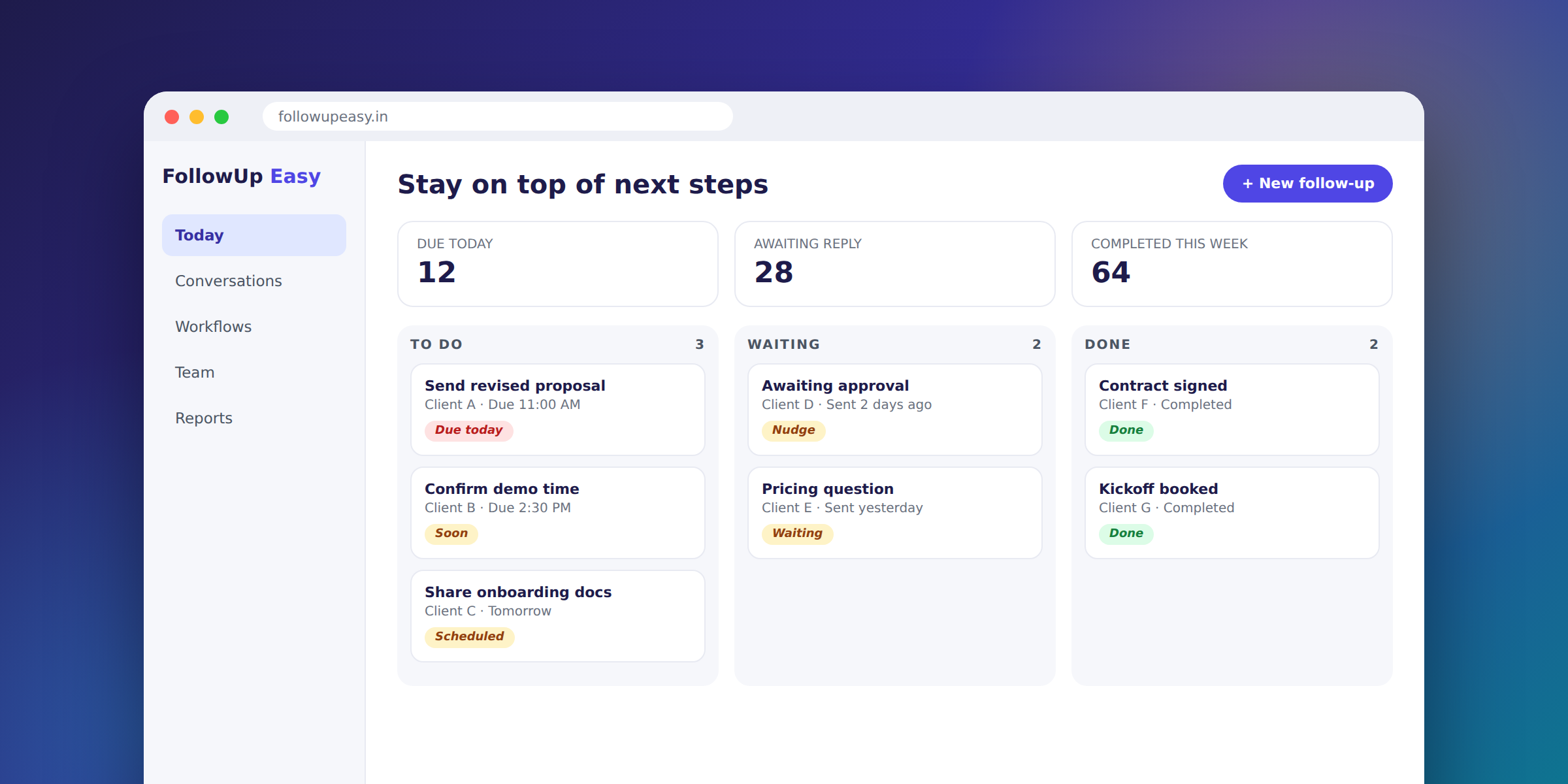FollowUp Easy, sales follow-up SaaS preview