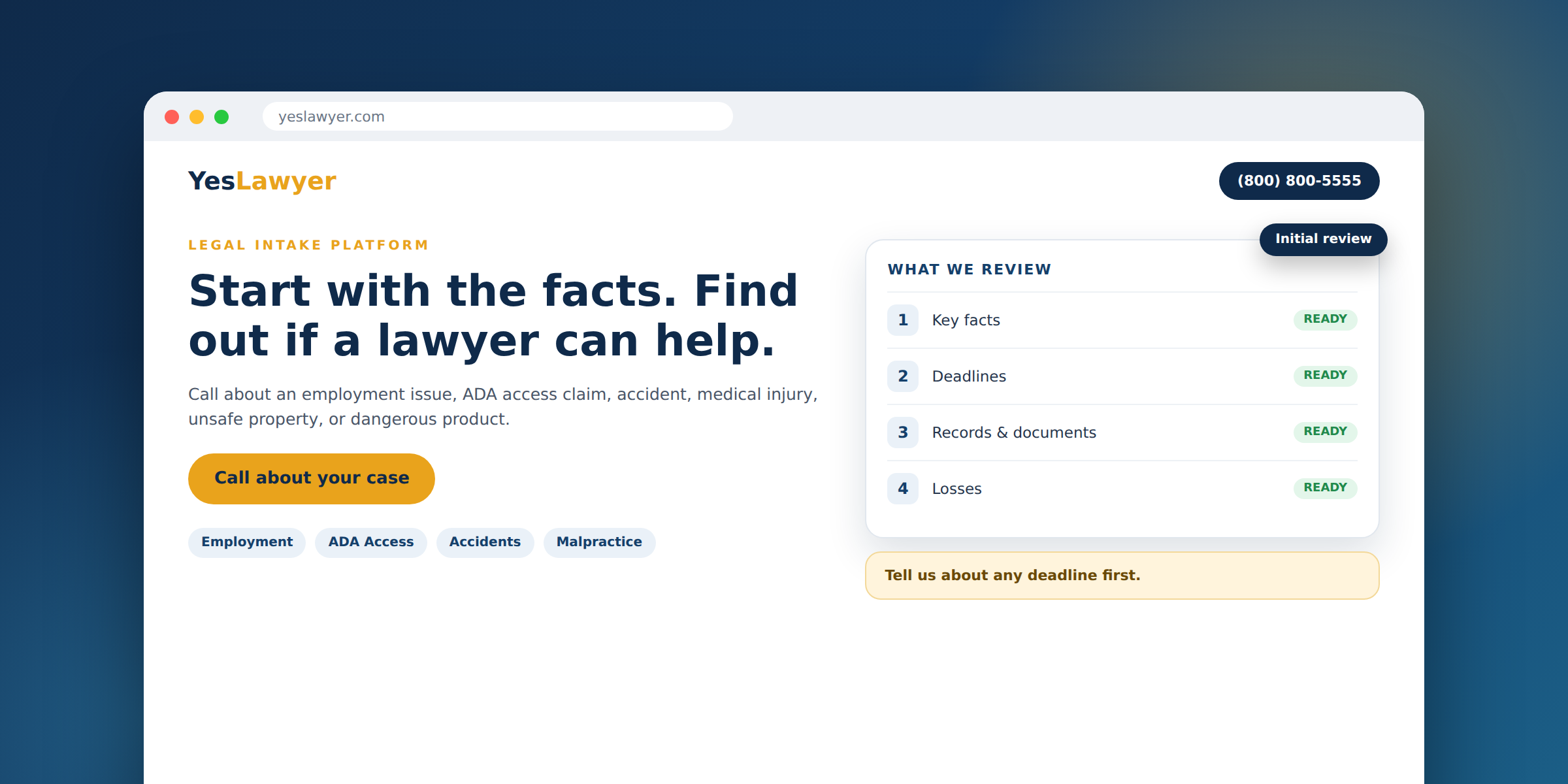 YesLawyer, legal intake platform preview